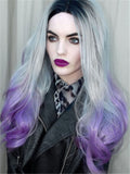 Long Grey To Purple Orchid Ombre Wave Synthetic Lace Front Wig - FashionLoveHunter