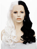 Long Half Black & Half White Wavy Synthetic Lace Front Wig - FashionLoveHunter