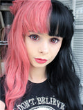 Long Half Pink & Half Black Wave Synthetic Lace Front Wig With Bang - FashionLoveHunter