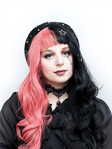 Long Half Pink & Half Black Wave Synthetic Lace Front Wig With Bang - FashionLoveHunter