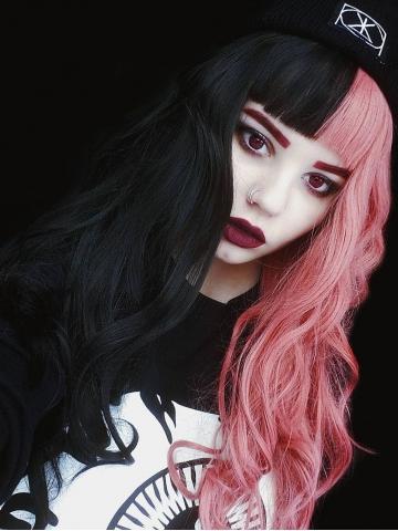 Long Half Pink & Half Black Wave Synthetic Lace Front Wig With Bang - FashionLoveHunter
