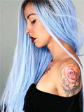 Long Light Cerulean Bright Blue Straight Synthetic Lace Front Wig - FashionLoveHunter