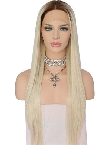 Long Light Pale Blonde Ombre Straight Synthetic Lace Front Wig
