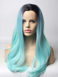 Long Light Sky Blue Ombre Straight Synthetic Lace Front Wig - FashionLoveHunter