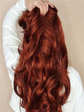 Long Middle-Part Copper Reddish Brown Wave Synthetic Lace Front Wig - FashionLoveHunter