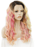 Long Pastel Multicolor Pink Blonde Mixed Wave Synthetic Lace Front Wig - FashionLoveHunter