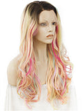 Long Pastel Multicolor Pink Blonde Mixed Wave Synthetic Lace Front Wig - FashionLoveHunter