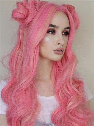 Long Peony Mixed Pink Wave Synthetic Lace Front Wig - FashionLoveHunter
