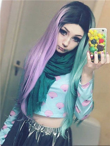 Long Pink Green Double Colors Straight Synthetic Lace Front Wig - FashionLoveHunter