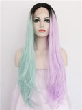 Long Pink Green Double Colors Straight Synthetic Lace Front Wig - FashionLoveHunter