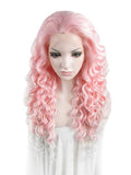 Long Pink To White Ombre Curly Synthetic Lace Front Wig - FashionLoveHunter