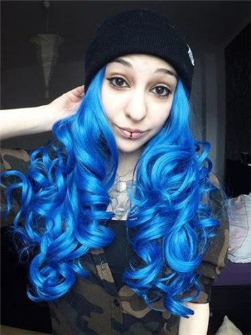 Long Pure Sea Blue Wave Synthetic Lace Front Wig - FashionLoveHunter