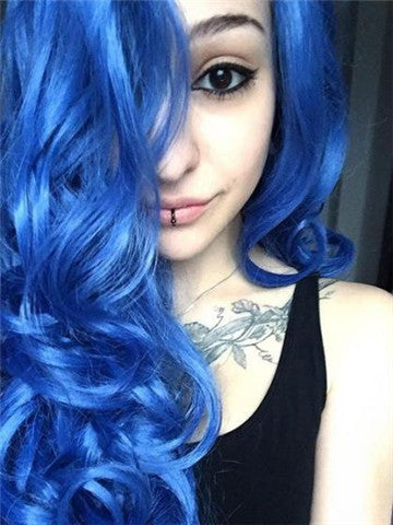 Long Pure Sea Blue Wave Synthetic Lace Front Wig - FashionLoveHunter