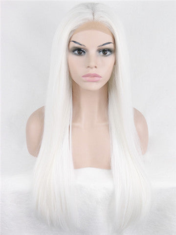 Long Pure White Cosplay Straight Synthetic Lace Front Wig - FashionLoveHunter