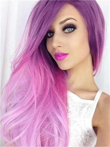 Long Purple Pink Blend Ombre Wave Synthetic Lace Front Wig - FashionLoveHunter