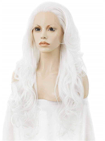 Long Realistic White Halloween Cosplay Wave Synthetic Lace Front Wig