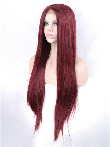 Long Rose Dark Wine Red Straight Synthetic lace front wig - FashionLoveHunter