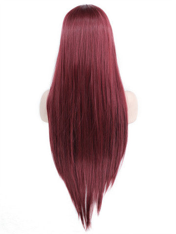 Long Rose Dark Wine Red Straight Synthetic lace front wig - FashionLoveHunter