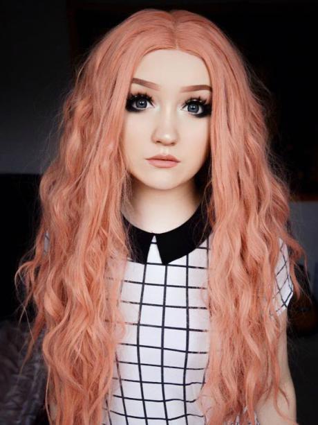 Long Salmon Peach Pink Curly Synthetic Lace Front Wig