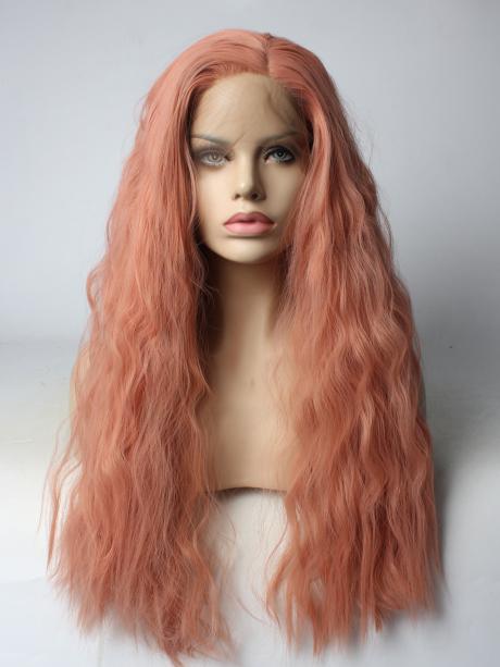 Long Salmon Peach Pink Curly Synthetic Lace Front Wig