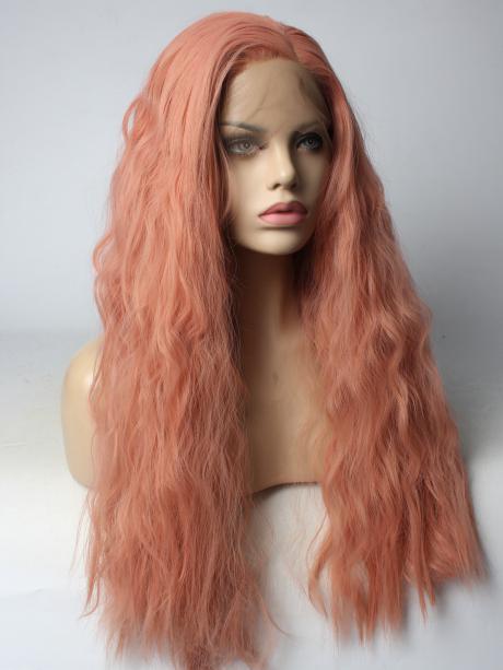Long Salmon Peach Pink Curly Synthetic Lace Front Wig