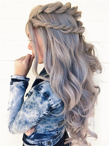 Long Star Grey Wavy Synthetic Lace Front Wig - FashionLoveHunter