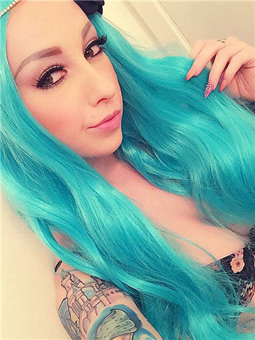 Long Turquoise Synthetic Lace Front Wig - FashionLoveHunter