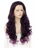 Long Eggplant Dark Purple Ombre Wavy Synthetic Lace Front Wig - FashionLoveHunter