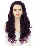 Long Eggplant Dark Purple Ombre Wavy Synthetic Lace Front Wig - FashionLoveHunter