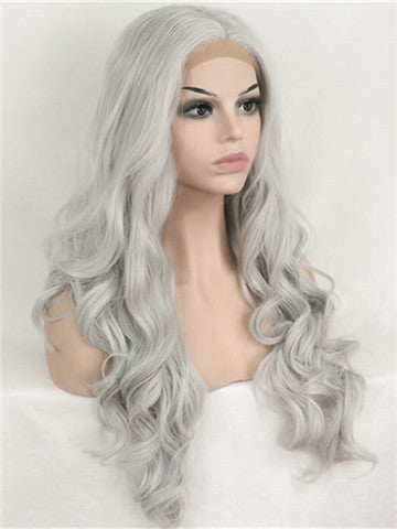 Long Young Silver Grey Wave Synthetic Lace Front Wig - FashionLoveHunter