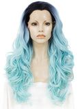 Dark Roots Sky Blue Layered Wavy Lace Front Wigs - Imstylewigs