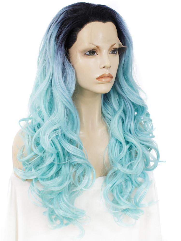 Dark Roots Sky Blue Layered Wavy Synthetic Lace Front Wigs - Imstylewigs