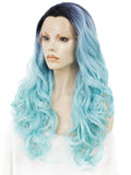 Dark Roots Sky Blue Layered Wavy Glueless Lace Front Wigs - Imstylewigs