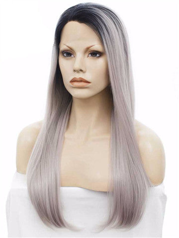 New Style Ombre Black To Grey Straight Synthetic Lace Front Wig - FashionLoveHunter