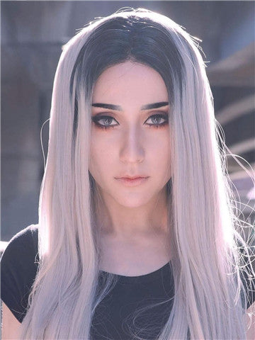 New Style Ombre Black To Grey Straight Synthetic Lace Front Wig - FashionLoveHunter