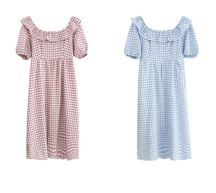spring new Korean version of the Japanese cute plaid one shoulder dress