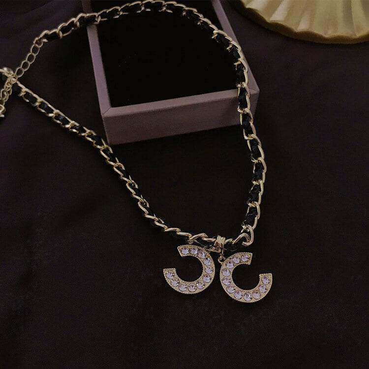 Double C Letter Necklace Versatile Clavicle PU Leather Cord Sweater Chain