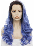 Ocean Blue Ombre Long Wavy Synthetic Lace Front Wig - FashionLoveHunter