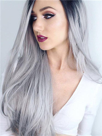 Popular Black Roots Grey Ombre Long Synthetic Lace Front Wig - FashionLoveHunter