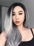 Popular Black Roots Grey Ombre Long Synthetic Lace Front Wig - FashionLoveHunter