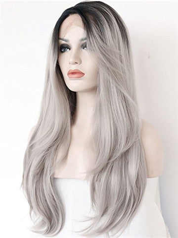 Popular Black Roots Grey Ombre Long Synthetic Lace Front Wig - FashionLoveHunter