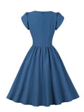 Frilled Button Front Petal Sleeve Summer Outfits for Women Knee Length Vintage Style Blue Pleated Dress