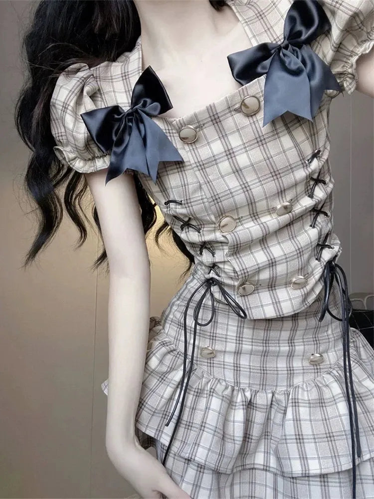 Hot Girl Plaid Suit Set Suspender Crop Top Summer Pleated Mini Skirt Fried Street Skirt Y2k Two Piece Set