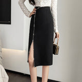 High Waist Women Spring Office Style All-match Black Ladies Elegant Knee-length Skirt