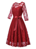 Elegant Lace Dress Women for Party Vintage Clothes 3/4 Length Sleeve Belted A-Line Ladies Swing Dresses