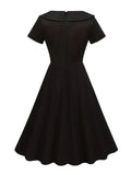 Peter-Pan Collar Buttons Black Solid Dress 50s Pinup Vintage Women Short Sleeve Summer Rockabilly Swing Dresses