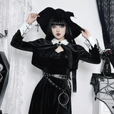 Black Velvet Short Women Goth Vintage Turn Down Collar Button Long Sleeve Jackets Autumn Streetwear Dress