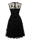 Floral Embroidered Mesh Overlay Elegant High Waist Black Dresses for Women Sleeveless A Line Party Summer Dress