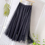 Women Lace Bead Pleated Sweet A-Line Elastic High Waist Skirts Streetwear