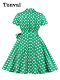 3XL 4XL Polka Dot Print Rockabilly Vintage Tea Dresses for Women V-Neck Short Sleeve Belted 50s Pinup Long Dress